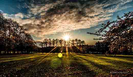 <p>The sun shines low casting huge shadows</p>